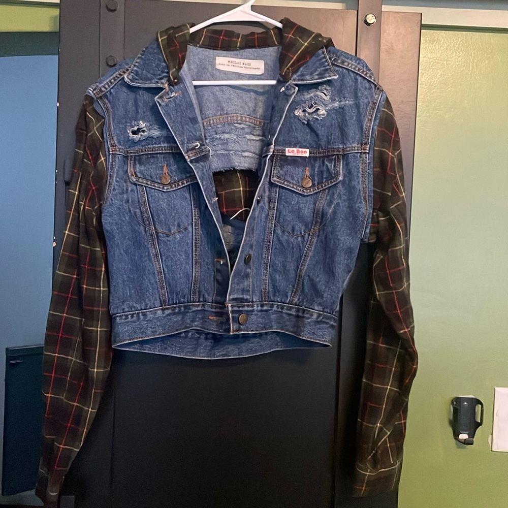 Flannel half and half distressed jean jacket